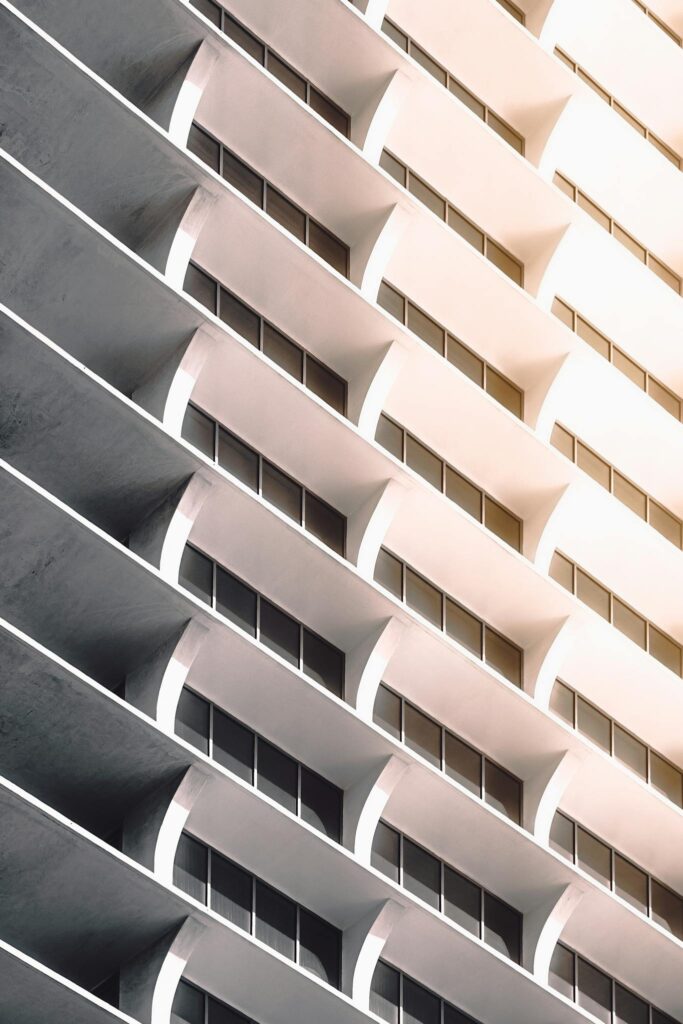 A captivating perspective of a modern, futuristic building in Miami showcasing sleek design and geometry.